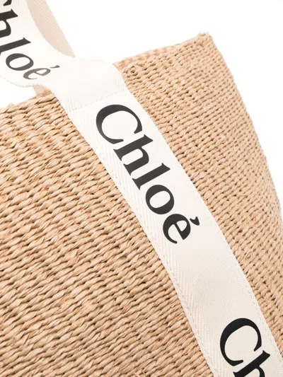 Chloé Woody Large Basket Bag With White Ribbon Women In Brown