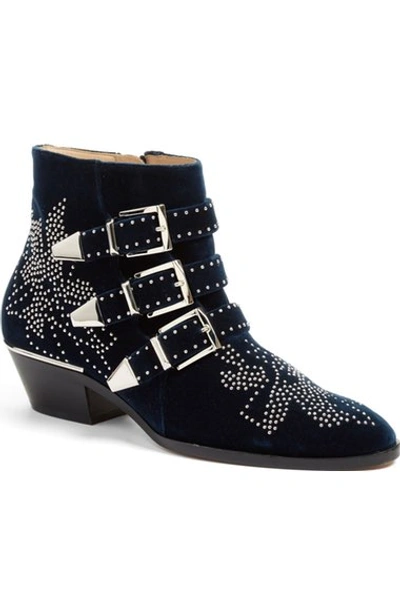 Shop Chloé 'susan' Studded Buckle Boot In Dark Blue Velvet