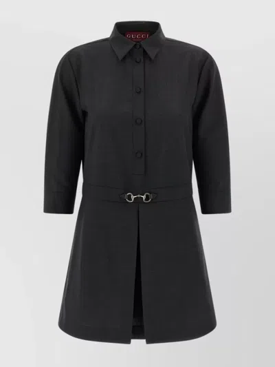 Gucci Womens Horsebit Long-sleeves Wool Mini Dress Ardesia Grey In Black