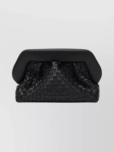 Themoirè Tia Black Clutch Bag With Woven Straw Motif And Shoulder Strap
