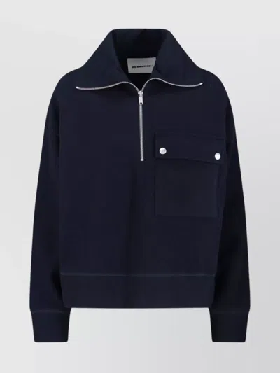 Jil Sander High Collar Sweatshirt Chest Pocket In Blue
