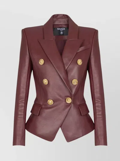 Balmain Double-breasted Lambskin Leather Blazer In Burgundy