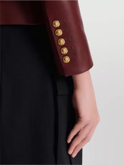 Balmain Double-breasted Lambskin Leather Blazer In Burgundy