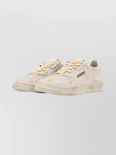 Autry Medalist Low Sneakers In Worn-out Effect Suede With Rhinestones In Neutral