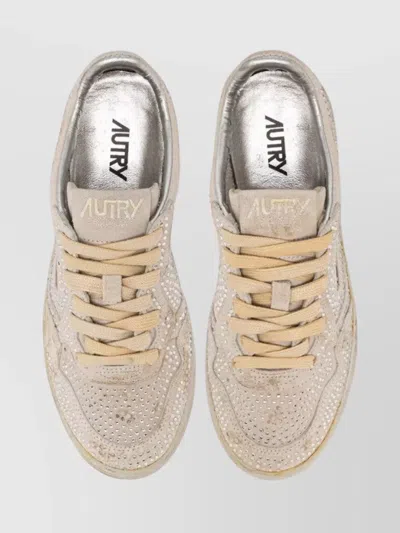 Autry Medalist Low Sneakers In Worn-out Effect Suede With Rhinestones In Neutral