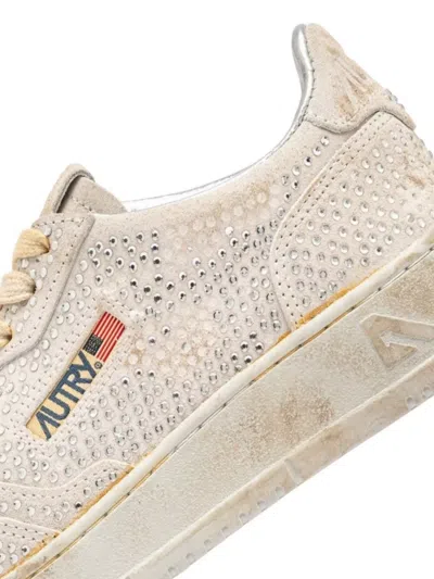 Autry Medalist Low Sneakers In Worn-out Effect Suede With Rhinestones In Neutral