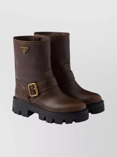 Prada Triangle Logo Distressed Leather Ankle Boots In Brown