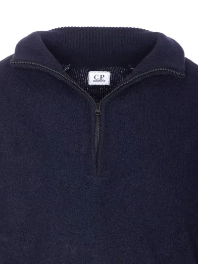 C.p. Company High Neck Knitwear With Arm Patch Detail In Blue
