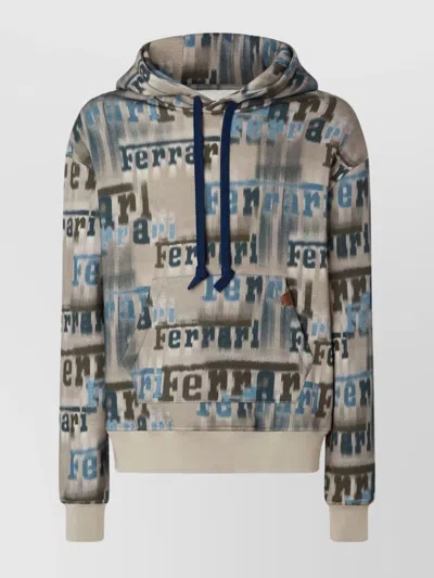 Ferrari Beige Hooded Sweatshirt With All-over Logo Print And Pouch Pocket In Multi
