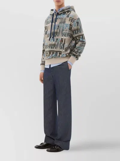 Ferrari Beige Hooded Sweatshirt With All-over Logo Print And Pouch Pocket In Multi