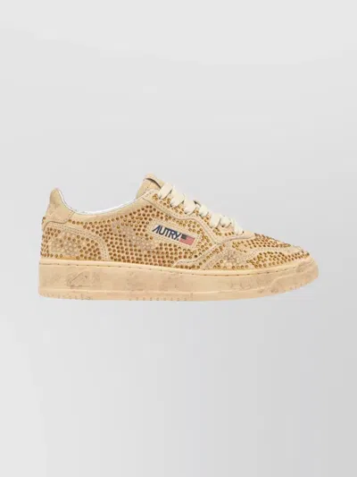 Autry Medalist Low Sneakers In Bronze Suede With Crystal Micro Rhinestones In Neutral