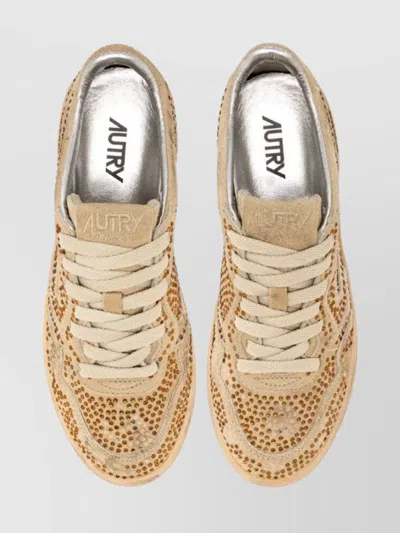 Autry Medalist Low Sneakers In Bronze Suede With Crystal Micro Rhinestones In Neutral