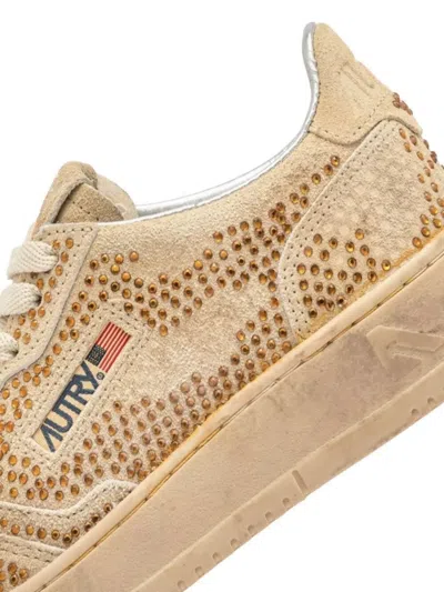 Autry Medalist Low Sneakers In Bronze Suede With Crystal Micro Rhinestones In Neutral