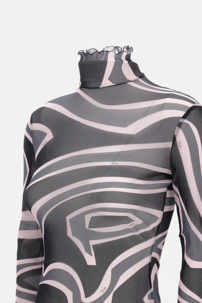 Pucci Semi Sheer Printed Long-sleeved High-neck Top In Black