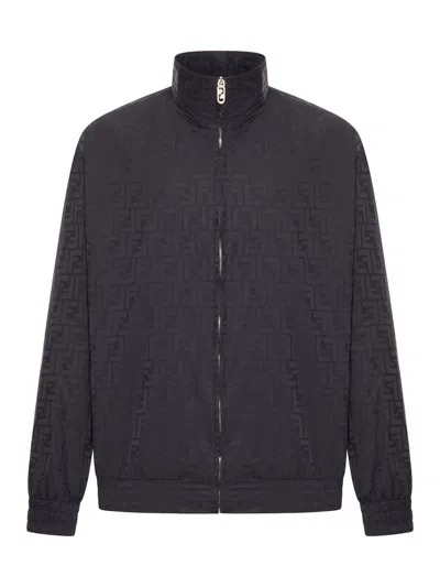Fendi Men Black Jacket With High Neck And All-over Ff Motif In Tech Fabric Man