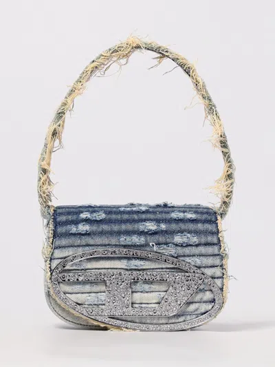 Diesel 1dr Denim Canvas Shoulder Bag With Crystal Appliques In Blue