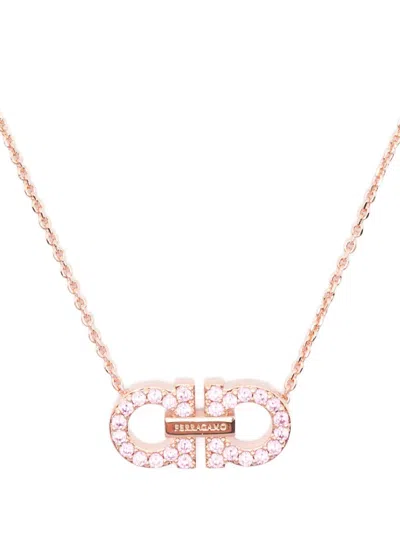 Ferragamo Necklace Featuring Gancini Pendant Adorned With Crystals In Gold
