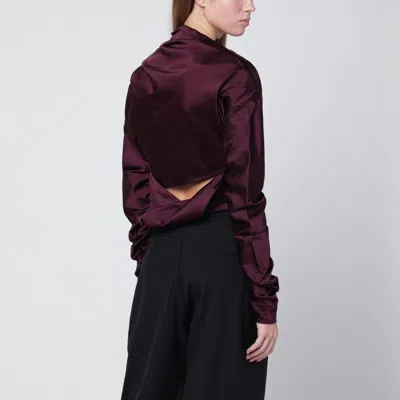 Ganni Satin Blouse With Draped Detail And High Neck In Burgundy
