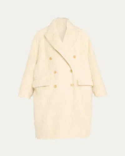 Brunello Cucinelli Fuzzy Alpaca Double-breasted Overcoat In White