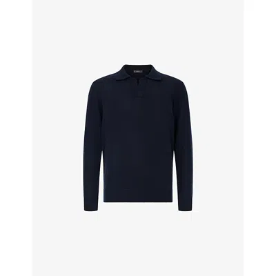 Boggi Milano Ens Navy Blue Collared Long-sleeve Merino-wool Polo In Blue