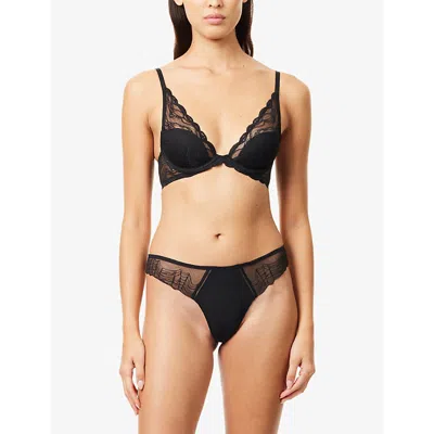 Calvin Klein Womens Geo Lace Stretch-woven Thong Black Xs In Black