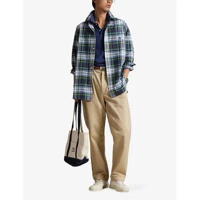 Polo Ralph Lauren Mens White/gree Checked Logo-embroidered Cotton Shirt In Blue