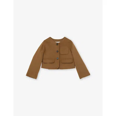 Reiss Camel Wool-blend Cropped Collarless Jacket In Brown