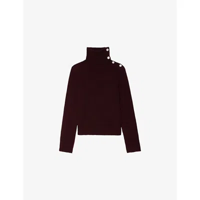 Zadig & Voltaire High Neck Knitwear Button Shoulder Design In Burgundy