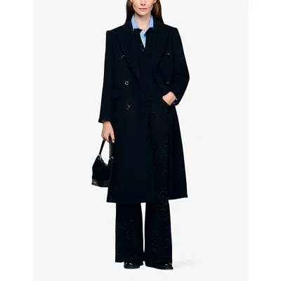 Sandro Womens Black Long Double-breasted Wool-blend Coat In Black