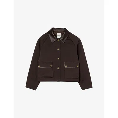 Sandro Womens Brown Gabardine Contrast-collar Cotton Coat In Brown