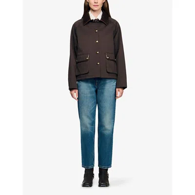 Sandro Womens Brown Gabardine Contrast-collar Cotton Coat In Brown