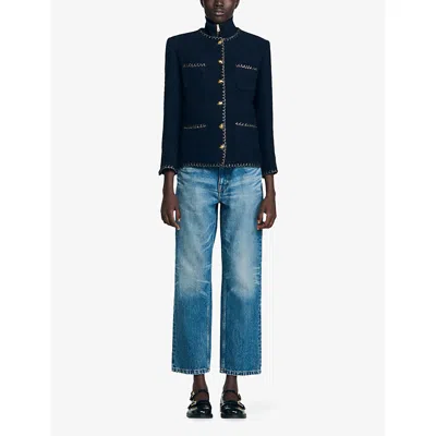 Sandro Womens Navy Blue Buttoned Contrast-trim Tweed Jacket In Blue