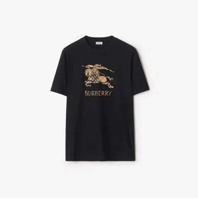 Burberry Men Black Crewneck T-shirt With Ekd And Logo Lettering Embroidery On The Front In Cotton Ma In Black