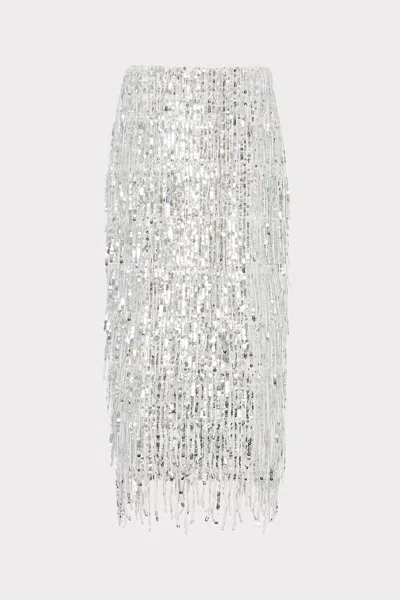 Milly Roxanne Fringe Sequin Midi Skirt In White