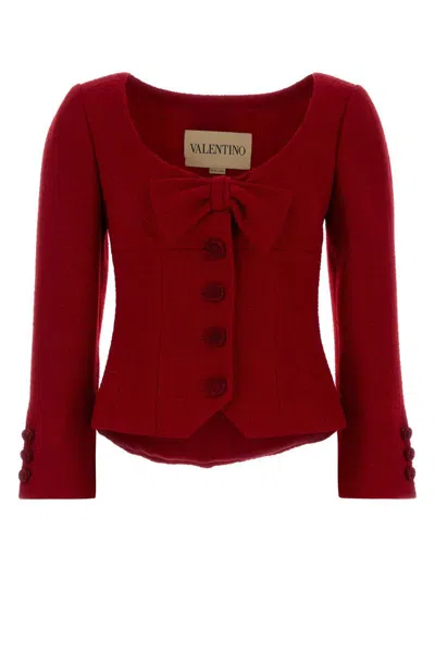 Valentino Womens Bow-embroidered Scoop-neck Tweed Jacket Paris In Red