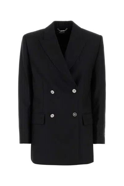 Versace Longline Wool Blazer Featuring Structured Shoulders In Black
