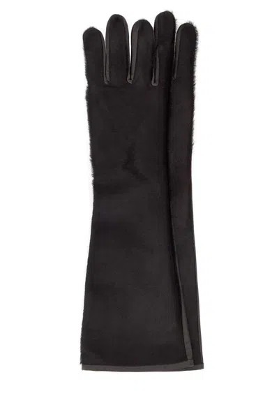 Loulou De Saison Dark Brown Leather And Calf Hair Edna Gloves In Black