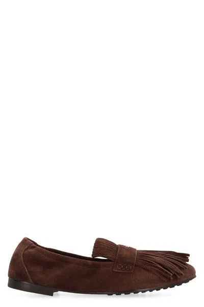 Tory Burch Ballet Fringe Suede Loafers With Rubber Sole In Brown