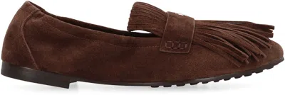 Tory Burch Ballet Fringe Suede Loafers With Rubber Sole In Brown
