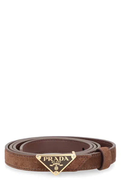 Prada Triangular Buckle Leather Belt In Brown