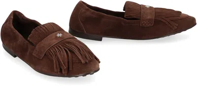Tory Burch Ballet Fringe Suede Loafers With Rubber Sole In Brown