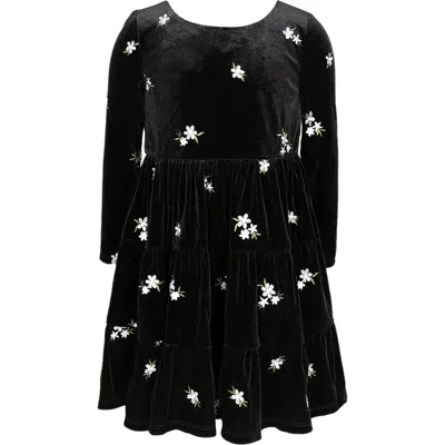 Zunie Kids' Floral Embroidered Long Sleeve Velvet Dress In Black