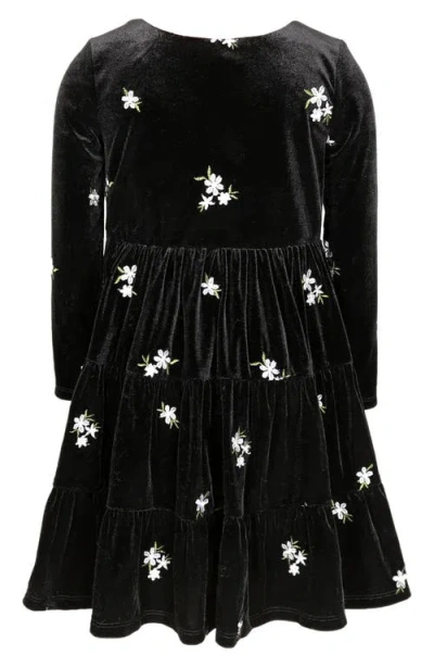 Zunie Kids' Floral Embroidered Long Sleeve Velvet Dress In Black