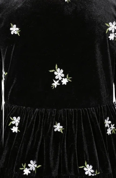 Zunie Kids' Floral Embroidered Long Sleeve Velvet Dress In Black