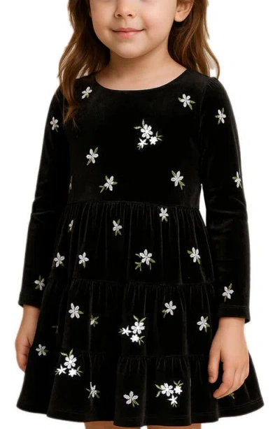 Zunie Kids' Floral Embroidered Long Sleeve Velvet Dress In Black