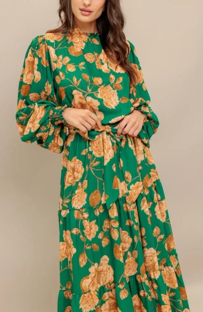 Flying Tomato Long Sleeve Print Midi Dress In Green