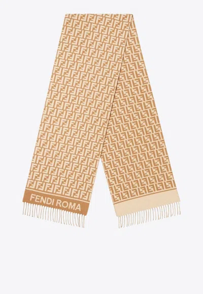 Fendi Ff Monogram Wool And Cashmere Fringed Scarf In Neutral