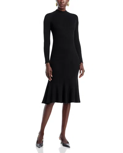 T Tahari Long Sleeve Mock Neck Rib Flare Dress In Brown
