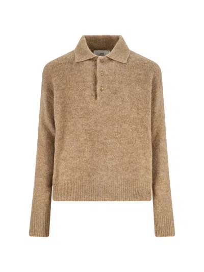 Ami Alexandre Mattiussi Ami Paris Grey Wool And Alpaca Polo Sweater Ami Paris In Brown