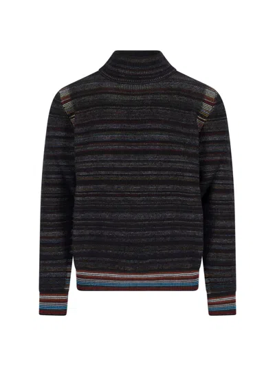 Paul Smith Multicolored Striped Knit Sweater With High Neckline In Multi